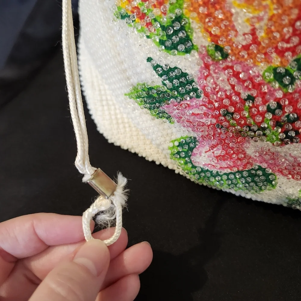 Floral Beaded‎ Satchel Colorful Drawstring Handles Bohemian Hippie Bloomcore